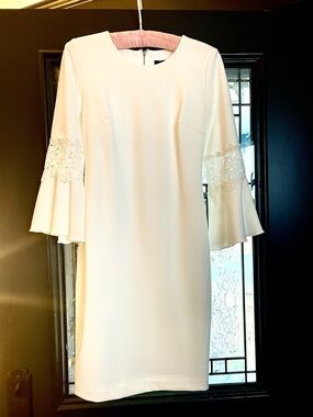 Tommy Hilfiger White Sheath Dress With Peekaboo Lace Bell Sleeves